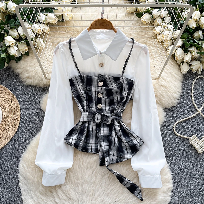

Spring Autumn Women's Korean Chic Fashion Splicing Fake Two Piece Shirt New Sweet Waist Long Sleeve Checkered Blouse Top C341