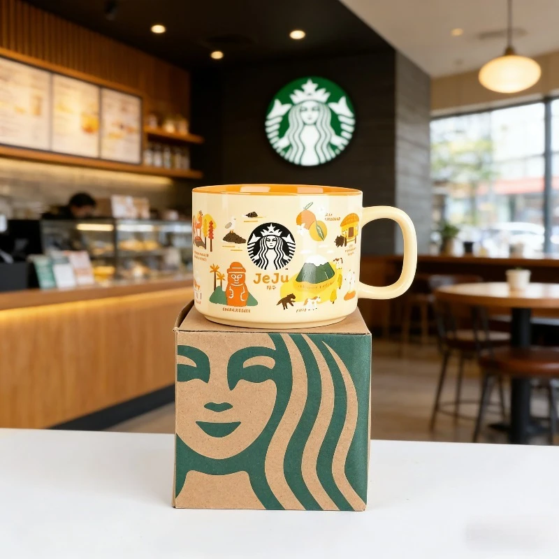 Caneca Cerâmica Amarela Jeju 355ml Starbucks - Ilustrações Culturais Regionais da Coreia - Utensílio Elegante para Bebidas