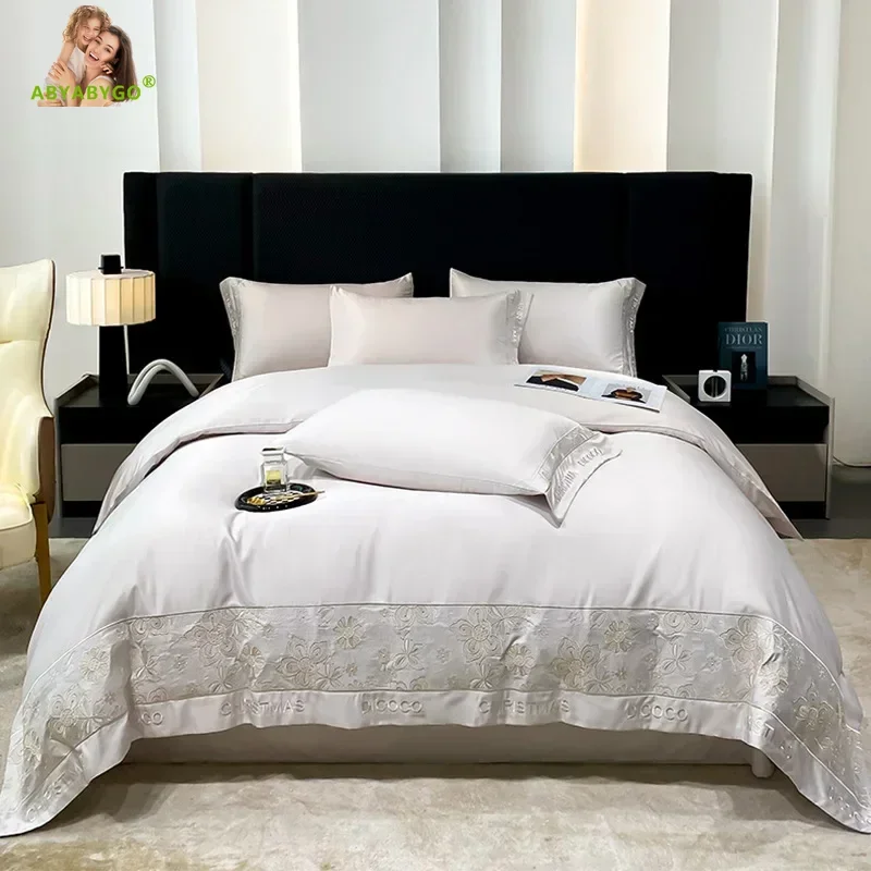 White Luxury Bedding Set Flowers Embroidery Summer Ice Silky Duvet Cover Set Fitted Bed Sheet and Pillowcases 4Pcs Bed Linen Set