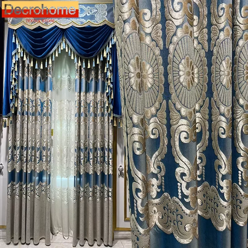 

New Blue Hollow Window Screen Velvet Curtains for Living Room Bedroom French Window Balcony Window Villa Customization Valance