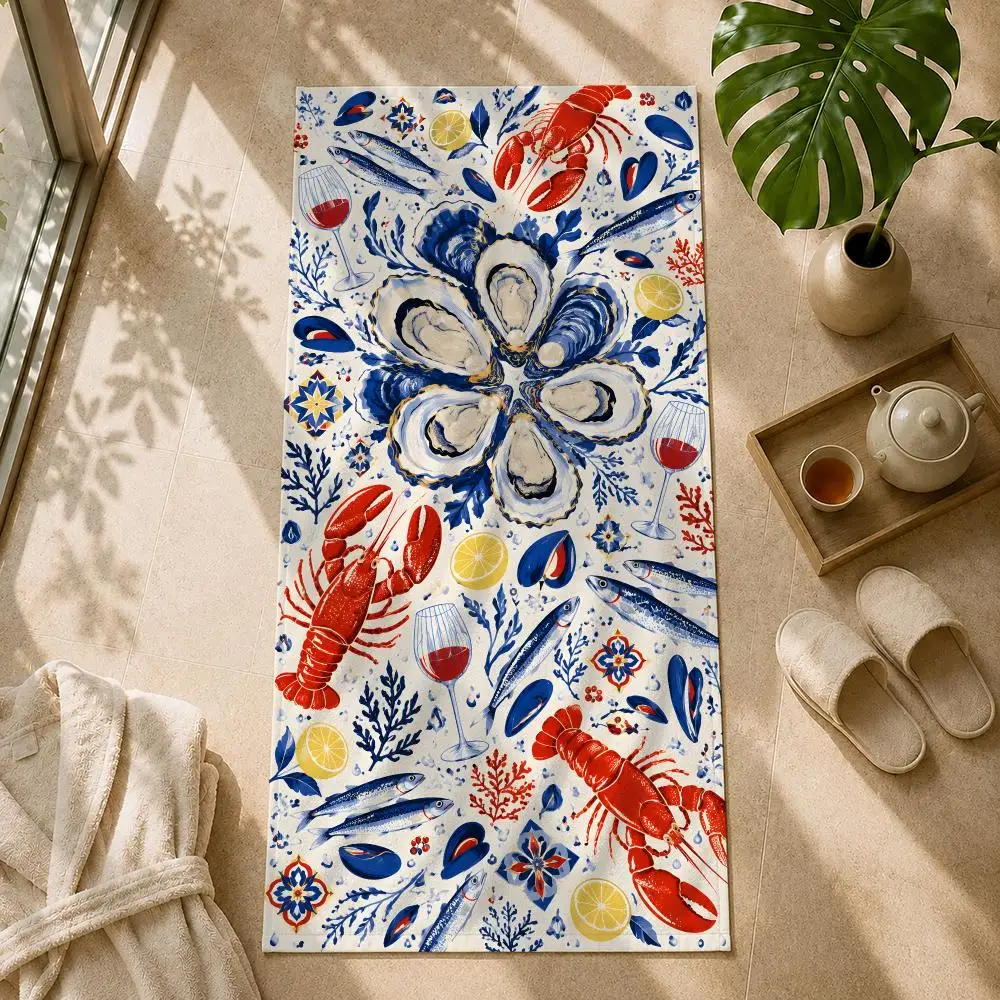 Mediterranean Seafood Club Towel Tropical Holiday Style Thick Absorbent Quick Dry Ultra Soft For Beach Pool And Travel