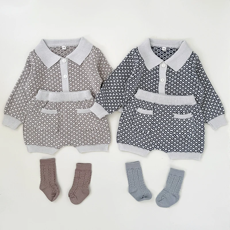 2026 New Spring 0-3Yrs Toddler Baby Boys Girl Clothes Set Long Sleeved Knitted Pullover Sweater+Shorts Children Clothes Suit