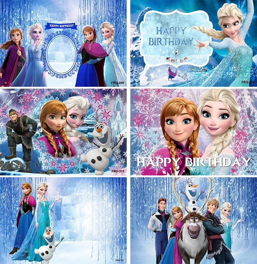 ディズニー-スノーフレークと城の背景女の子、冷凍、エルザ、アンナ、スノークイーン、プリンセス、誕生日パーティーの装飾、写真の背景、冬