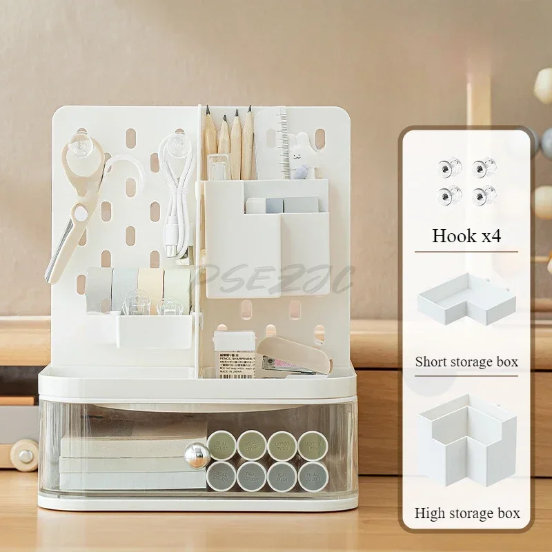 Large Capacity Drawer with Rotatable Hole Board Pen Holder Storage Box Desktop Storage Aesthetic DIY