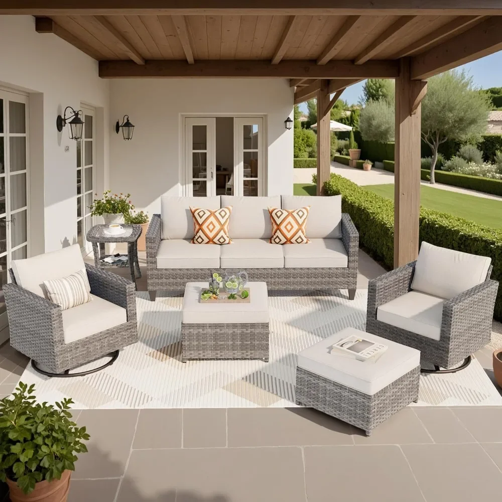 

6 Pieces Patio Furniture Set, Outdoor Wicker Sofa Couch with Swivel Rocking Chairs and Comfy Cushions