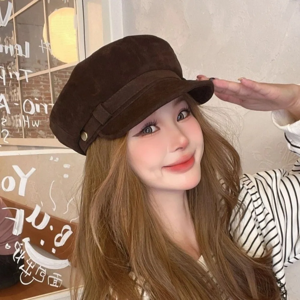 

Casual Short Brim Suede Berets Warm Flat Top Newsboy Hat Solid Color Windproof Painter Hat Daily
