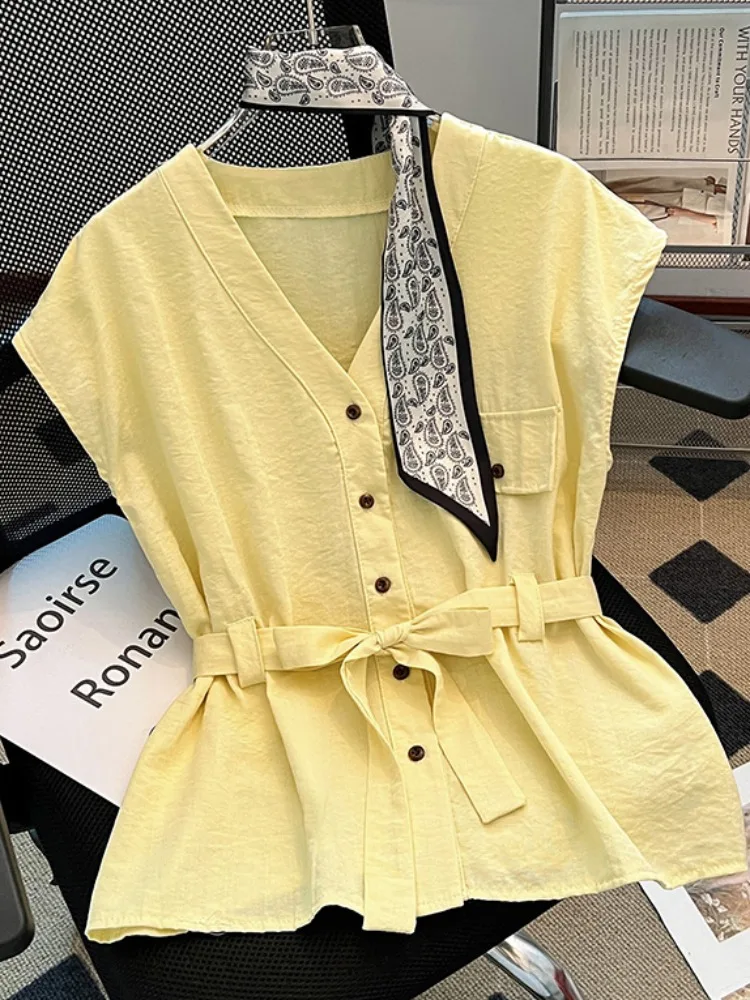 وشاح حريري صيفي V-Ne Svel irt المرأة فضفاضة الخصر Cinched التخسيس الأعلى الكورية Sle تخفيف زر الرياح التفاصيل #1