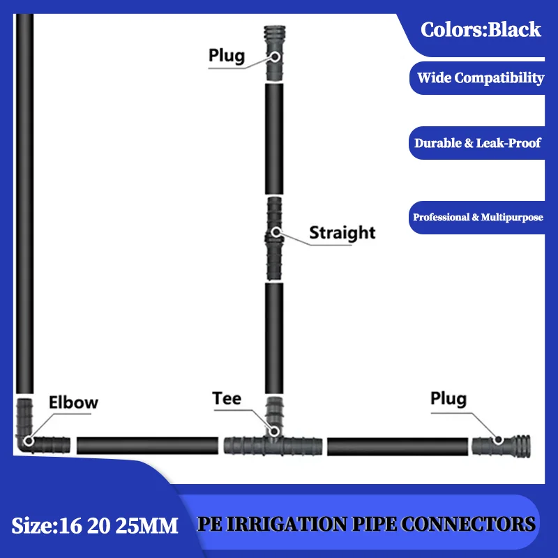 50P PE Water Pipe Fittings for 16mm 20mm 25mm, Leakproof Tee/Elbow/Straight/Plug Connectors for Drip Irrigation System Terminals