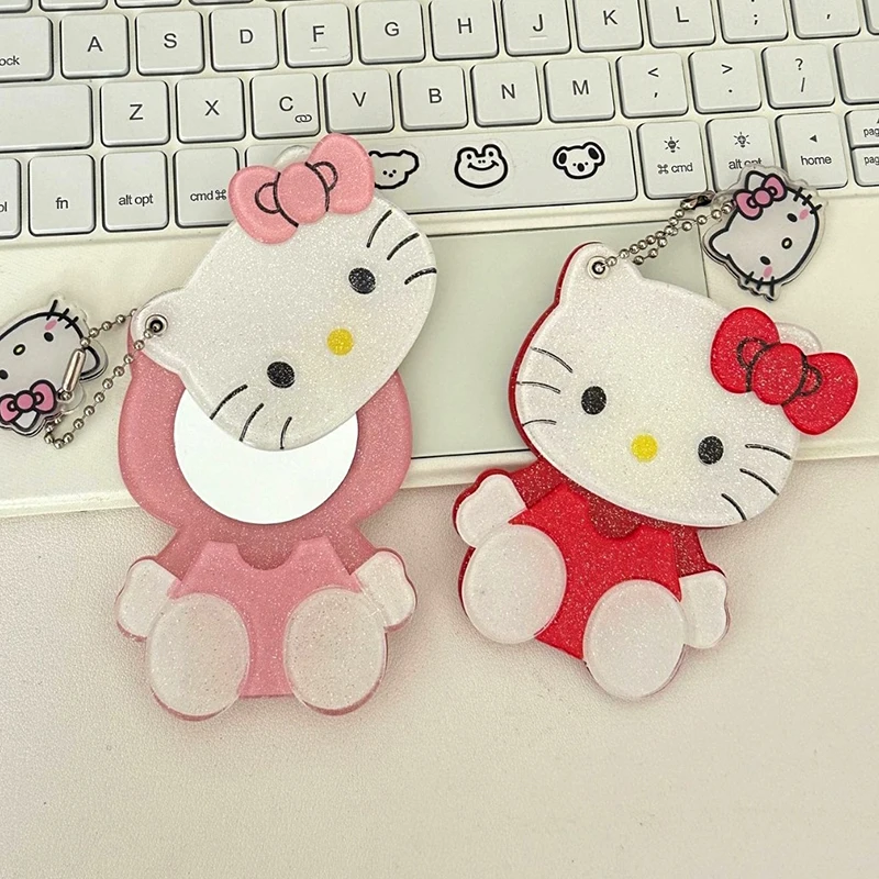 Portable Kawaii Saniro Hello Kitty Makeup Mirror Keychain Sliding Cover Mirror DIY Mobile Phone Case Decoration