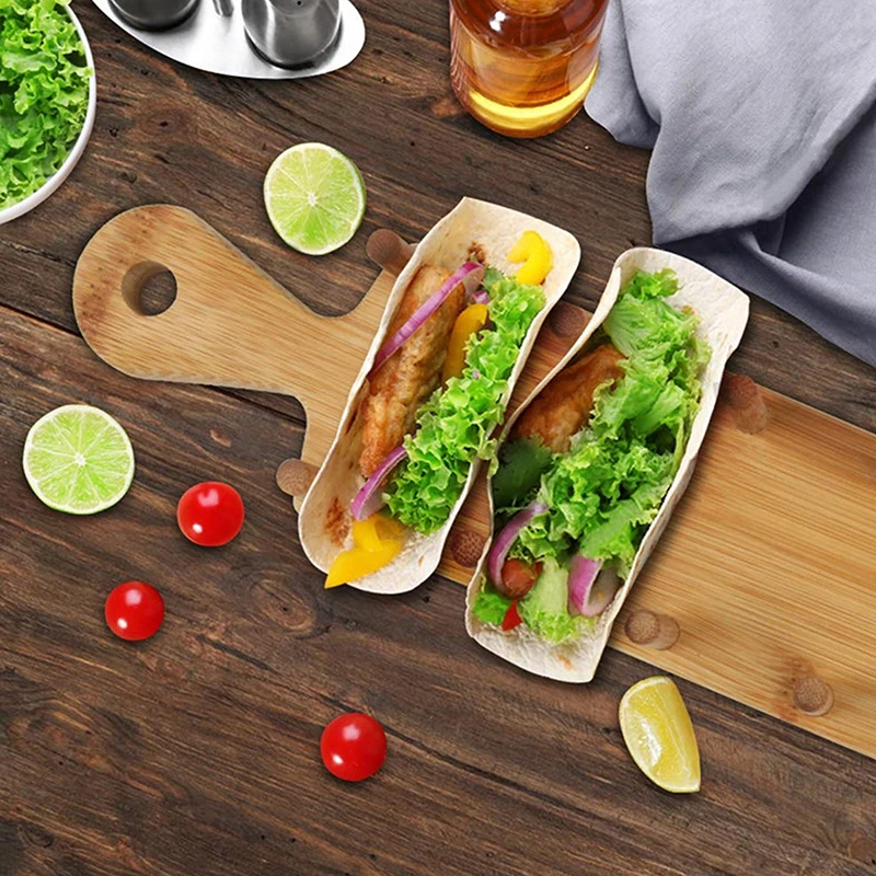 Soporte para tacos de madera de bambú, estante para rollos de patatas fritas, bandeja para tortillas y Burritos, apto para vajilla al aire libre, 1 unidad