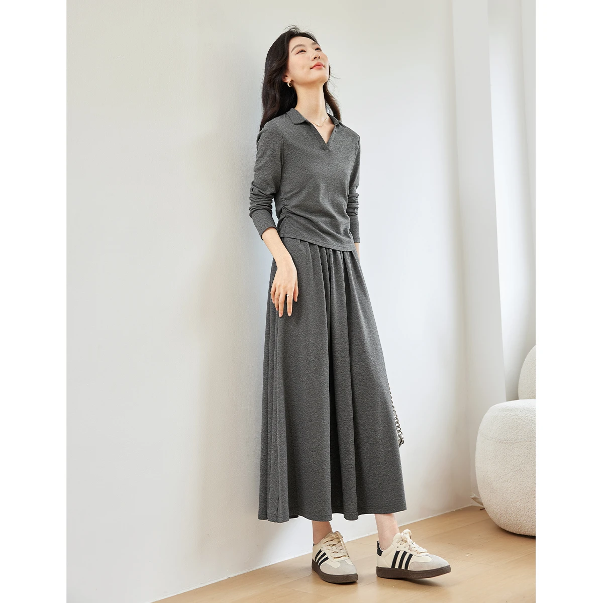 VIMLY Grey T-shirt Skirt Set Women 2026 Fall New Cotton Polo Collar Long Sleeve Tees Long A-line Skirts Two-piece Set M8617