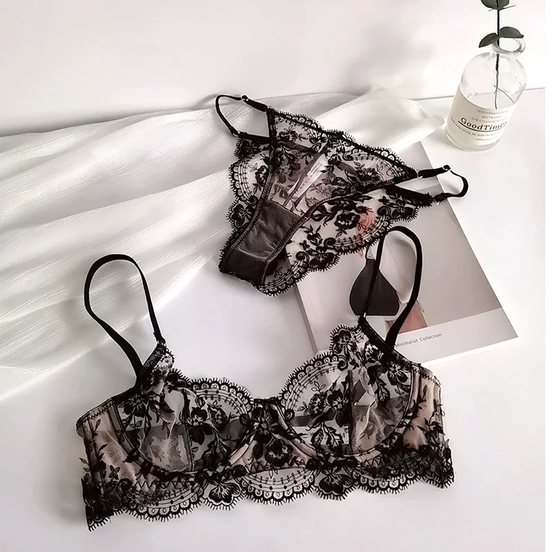 Embroidery see-through sexy lingerie set ultra-thin bra steel ring lace transparent thin temptation gathering underwear sets