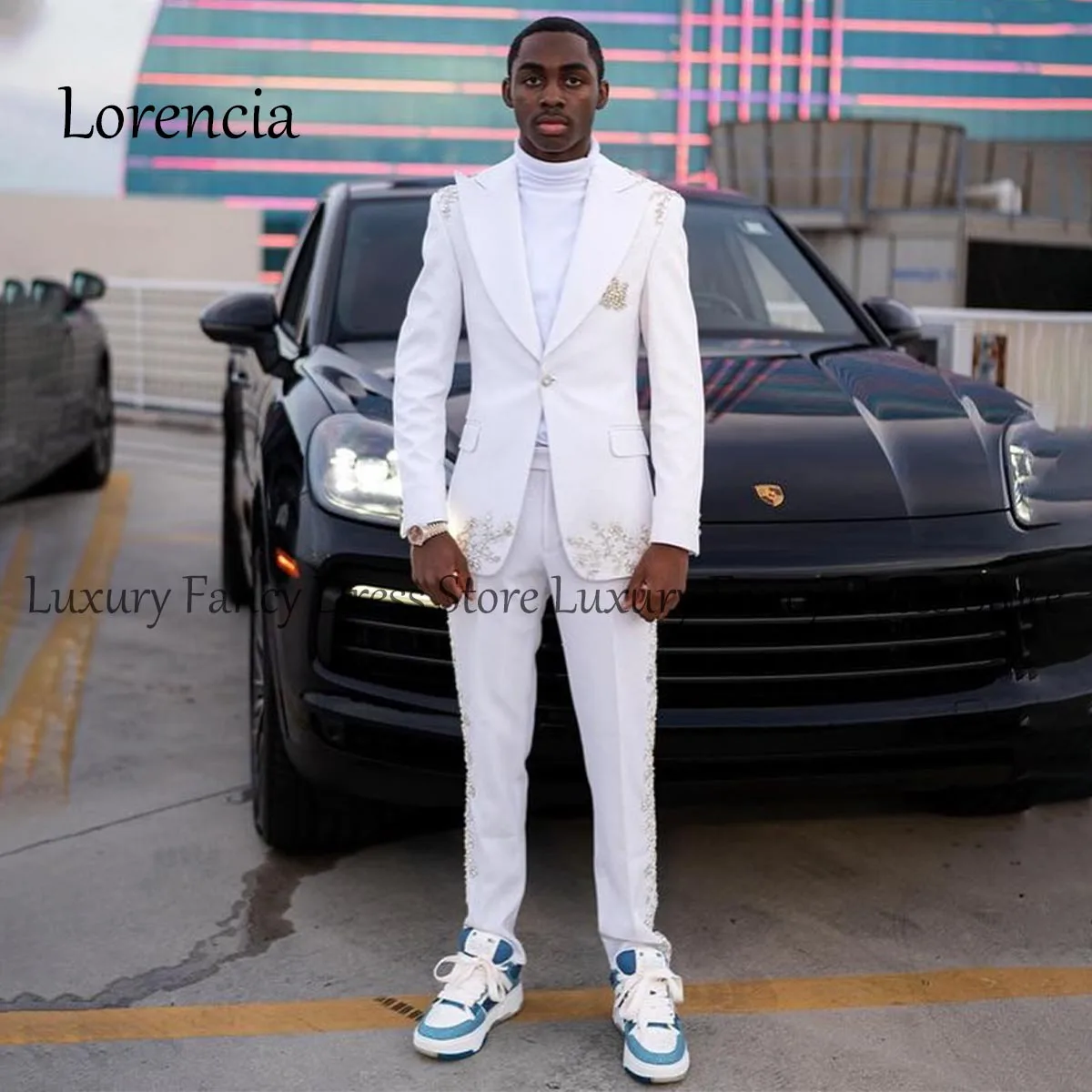 Customized Exquisite 2024 Diamond Men Tuxedos Shawl Lapel Lace Wedding Suit 2 Pieces Sets Groom Male Prom Blazers Costume Homme