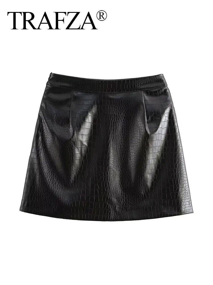 TRAFZA Women's Chic Embossed Mini Leather Skirt Summer Retro High Waist Pocket Zipper Decoration Sexy Women's A-Line Skirt