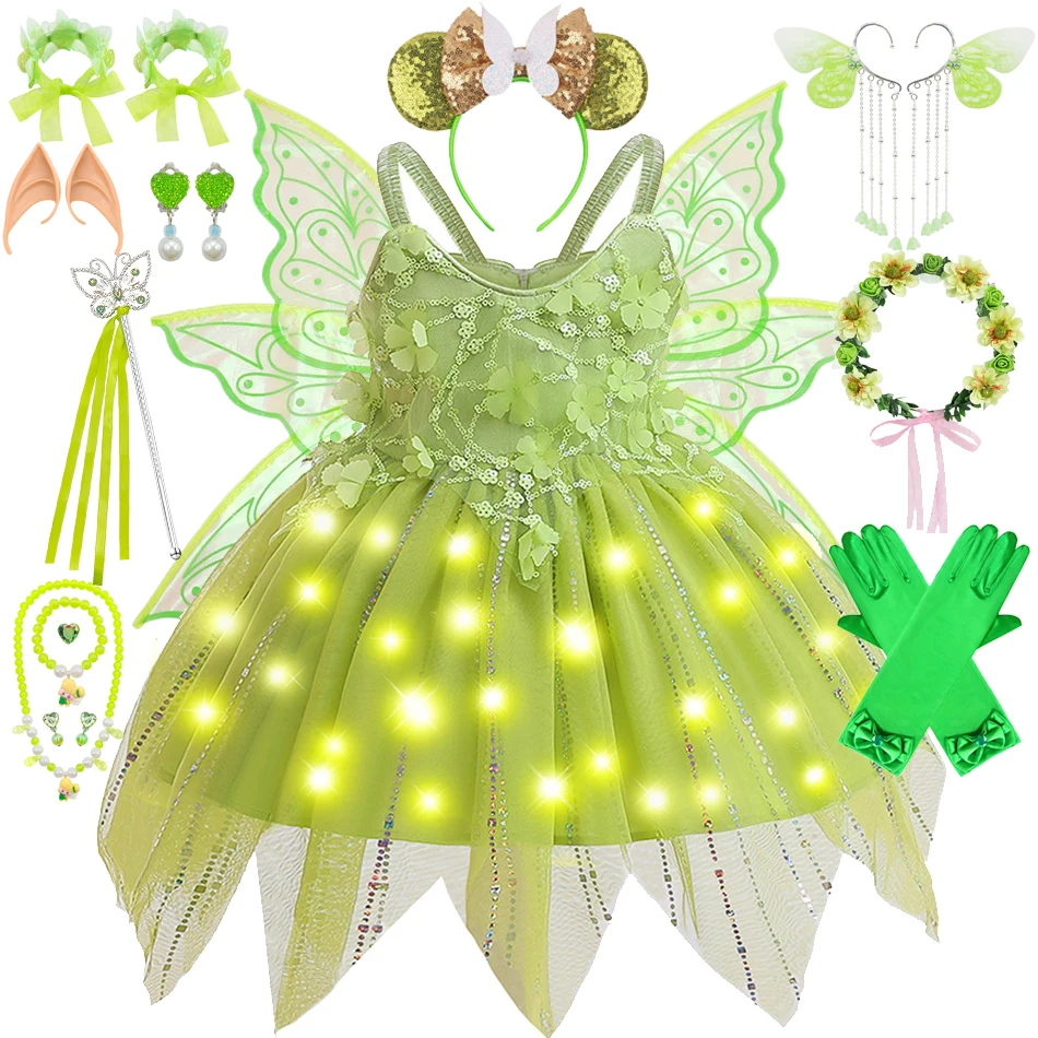 Fairy Costume for Girls 2024 Princess TinkerBell Dress Elf Wings Headband Wand Toddler Fancy Birthday Party Christmas Gowns 12M