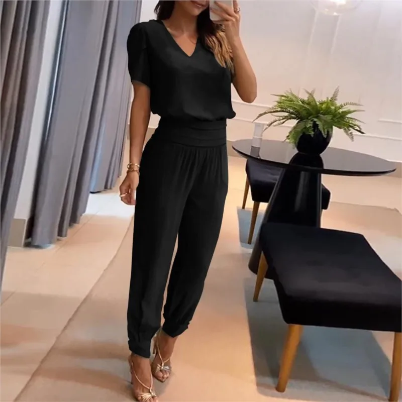 2024 Fashion Printed Two-piece Set Spring And Summer Women\'s Casual V-neck Short Sleeve Top High Waist Pants Suit Street Wear