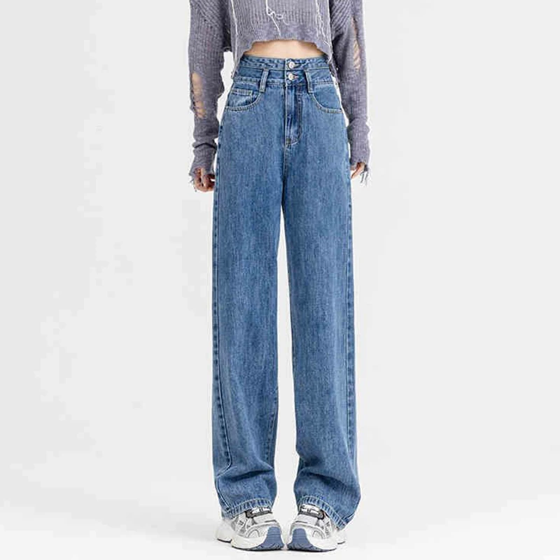 

Женские шикарные джинсы с двойной пряжкой и высокой талией для девочек, широкие повседневные брюки в стиле Харадзюку, женские корейские модные прямые джинсовые брюки