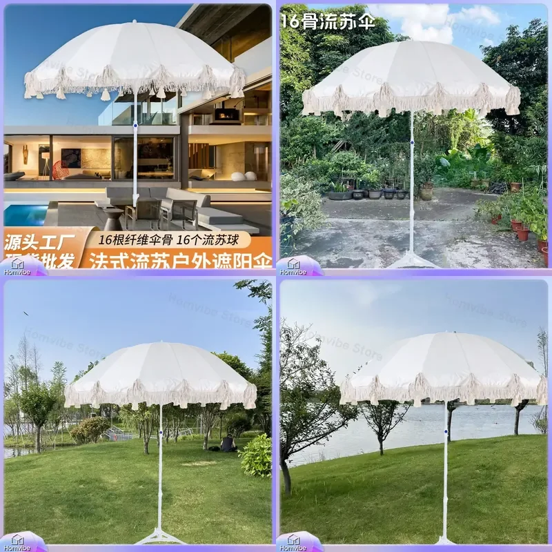 16 Rib Outdoor Patio Umbrella with Exquisite Fringe Ball Garden Beach Sunshade Rotatable Leisure Parasol for Yard Deck