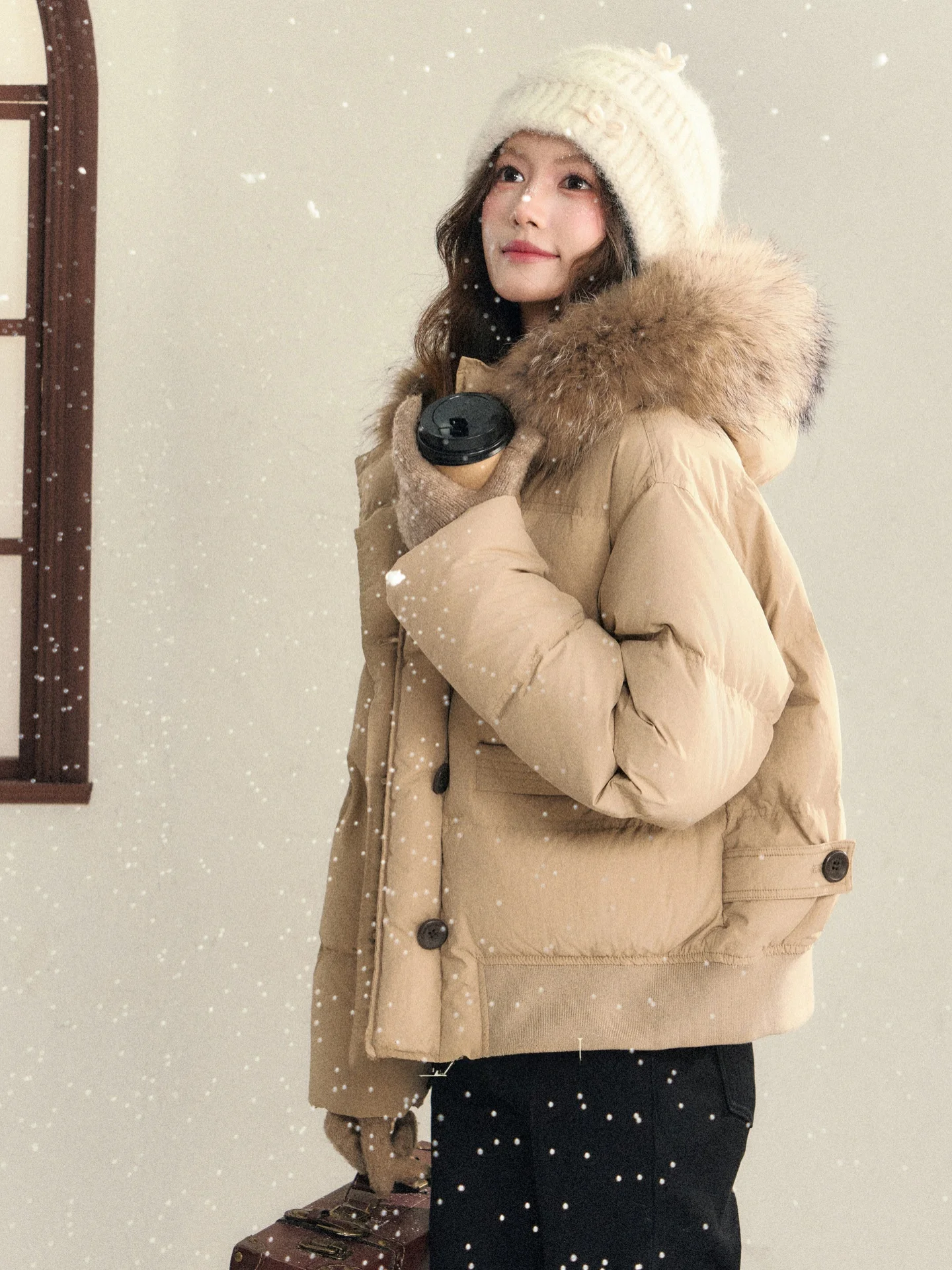 

Quinn South Deer Velvet Snow White Du down Khaki ort Coat Warm Hooded Women Winter Casual Sle Regular Fit Long Sve J...