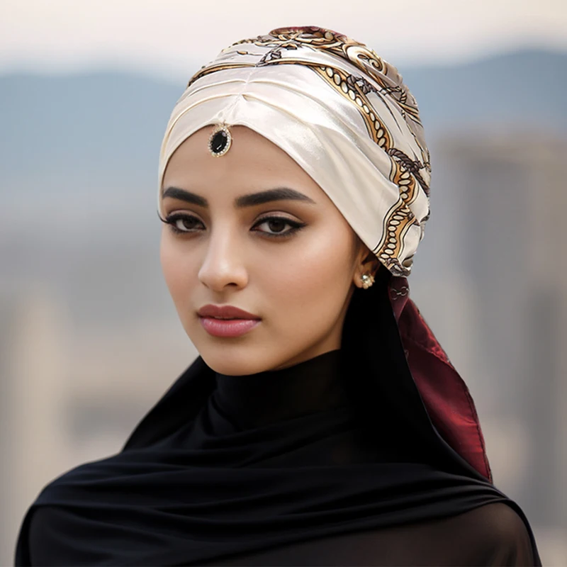 Indian Satin Silk Pendant Triangular Headscarf Women Chain Printed Hijab Scarf Ledies Ethnic Style Turban Scarves  135*50cm