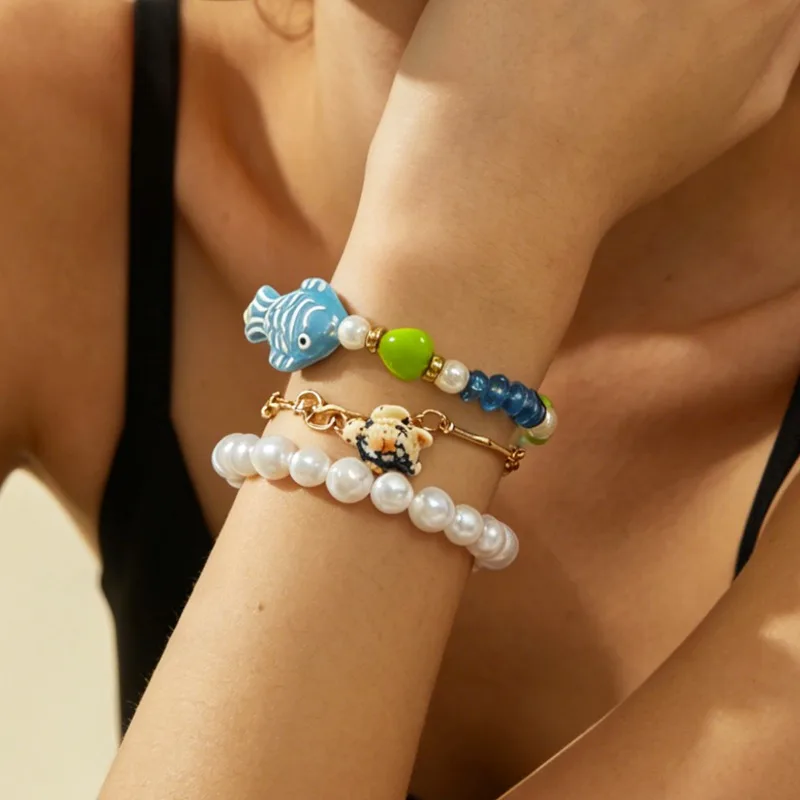 Summer  Fish Beaded Bracelet Set Freshwater Pearl Double Layer Bracelet Sweet Marine Elements Beach Vacation Jewelry for Girls