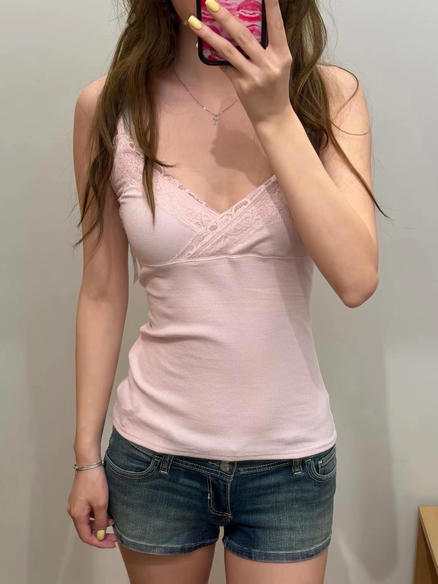 Lace Patchwork Slim Tank Tops Women Summer Sexy V-neck Cotton Ribbed Sleeveless Camisole Female Pink Sweet Basic Casual Vest Y2k