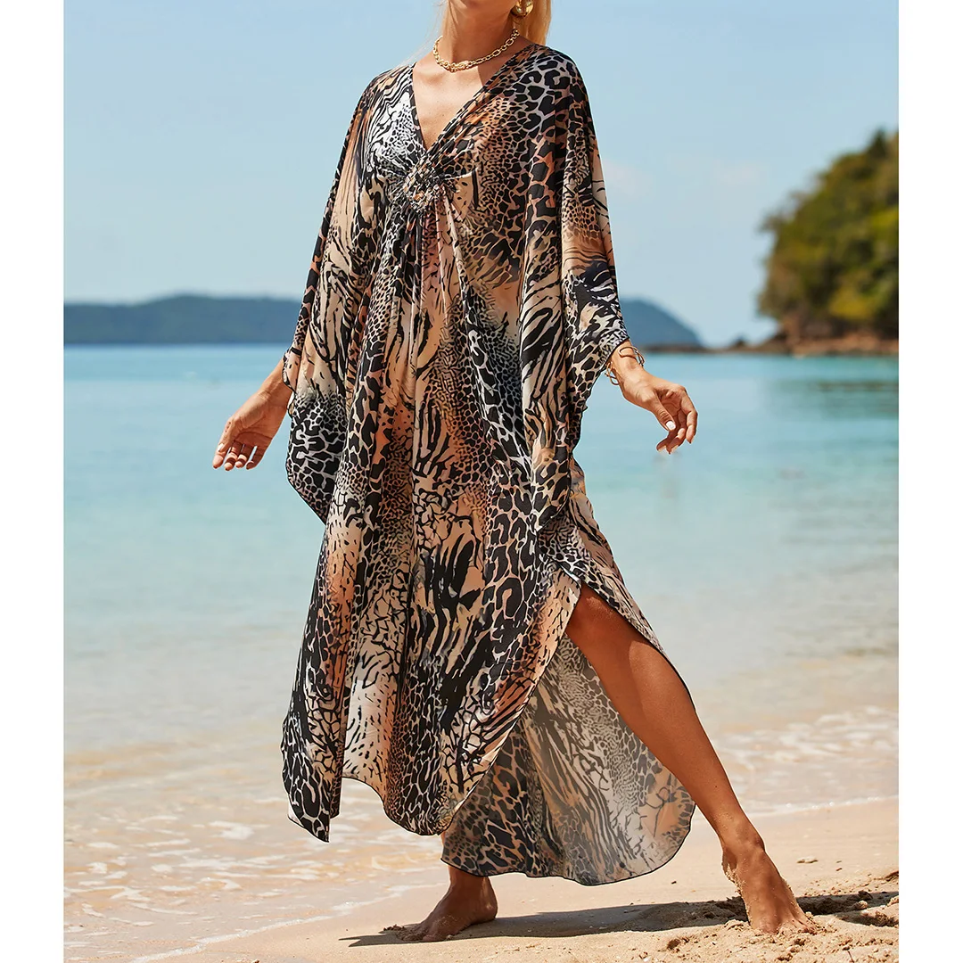 Sexy Tunika mit Zebra-Muster und V-Ausschnitt, Strandkleid, Strandmode, langes Strandkleid für Damen, V4159 – Detail 25