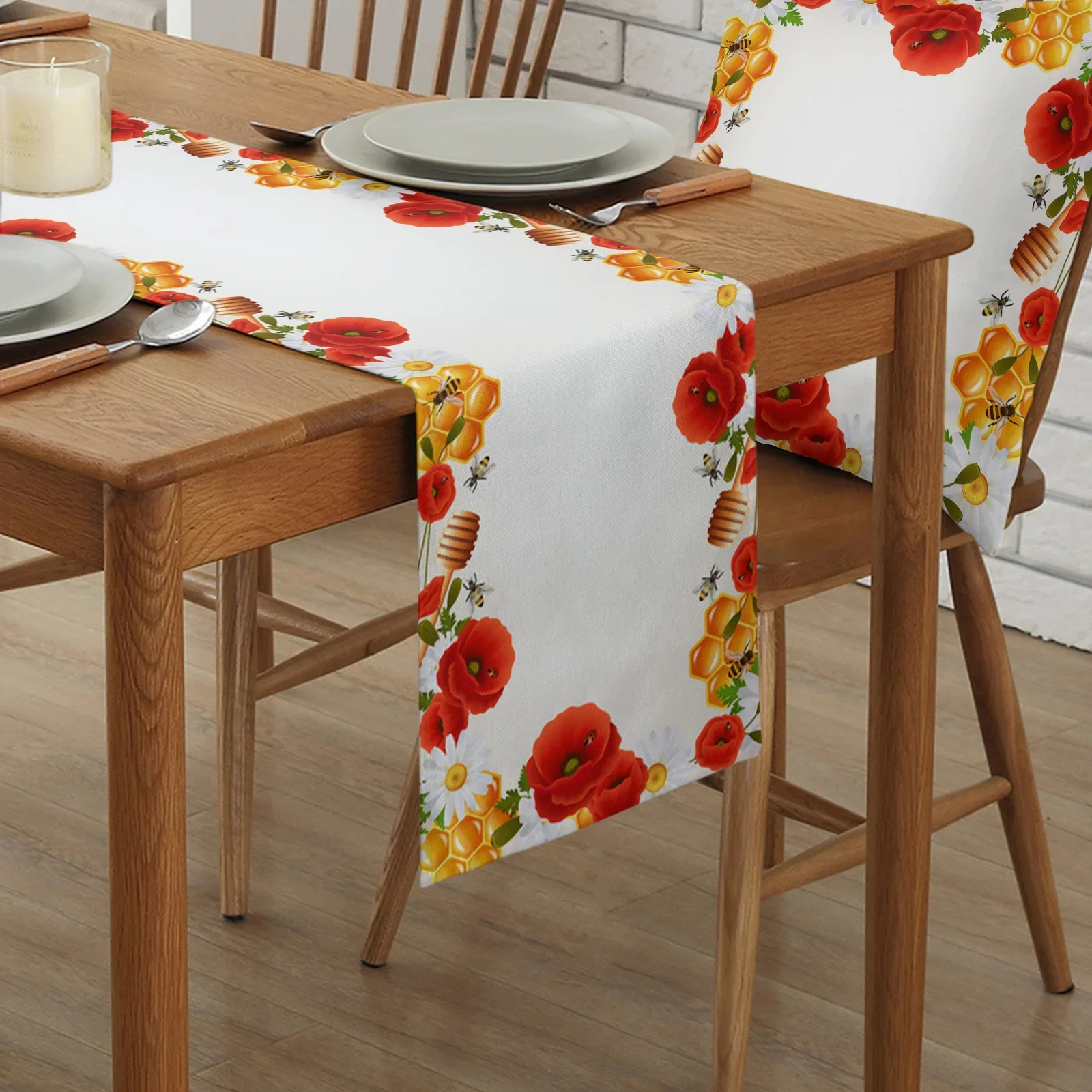 Bee Hive Daisy Poppy Flower Linen Table Runners Kitchen Table Decoration Accessories Dining Table Runner Wedding Party Supplies