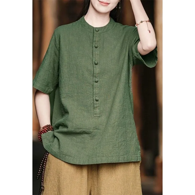 

Женский горчично-льняной топ с короткими рукавами, воротником-стойкой и бежевыми широкими брюками, повседневная одежда из двух частей