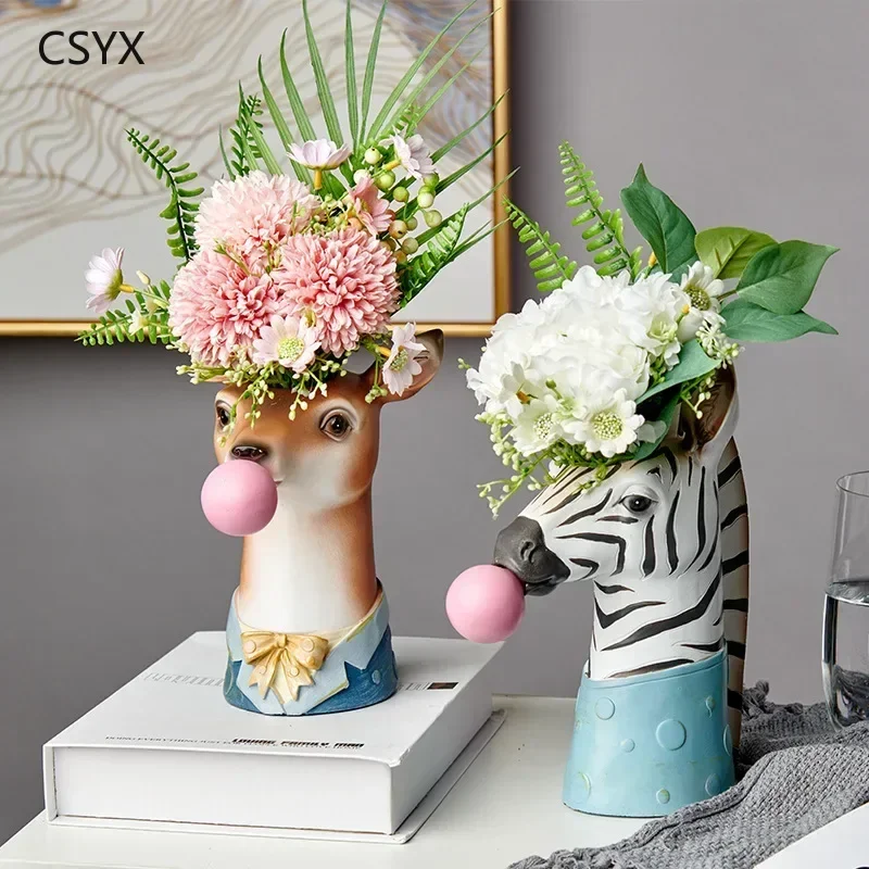 Creative Modern Animal Head Resin Succulent Vase FlowerPot Hand Painting Giraffe Zebra Panda Blowing Bubbles Animal Bust Figure