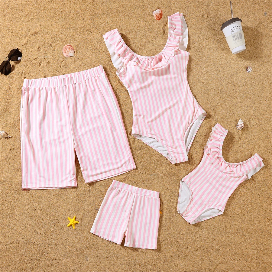 Striped Family Matching Swimwear Ruffled Mother Daughter Swimsuits Mommy and Me Bikini Clothes Outfits Father Son Swim Shorts