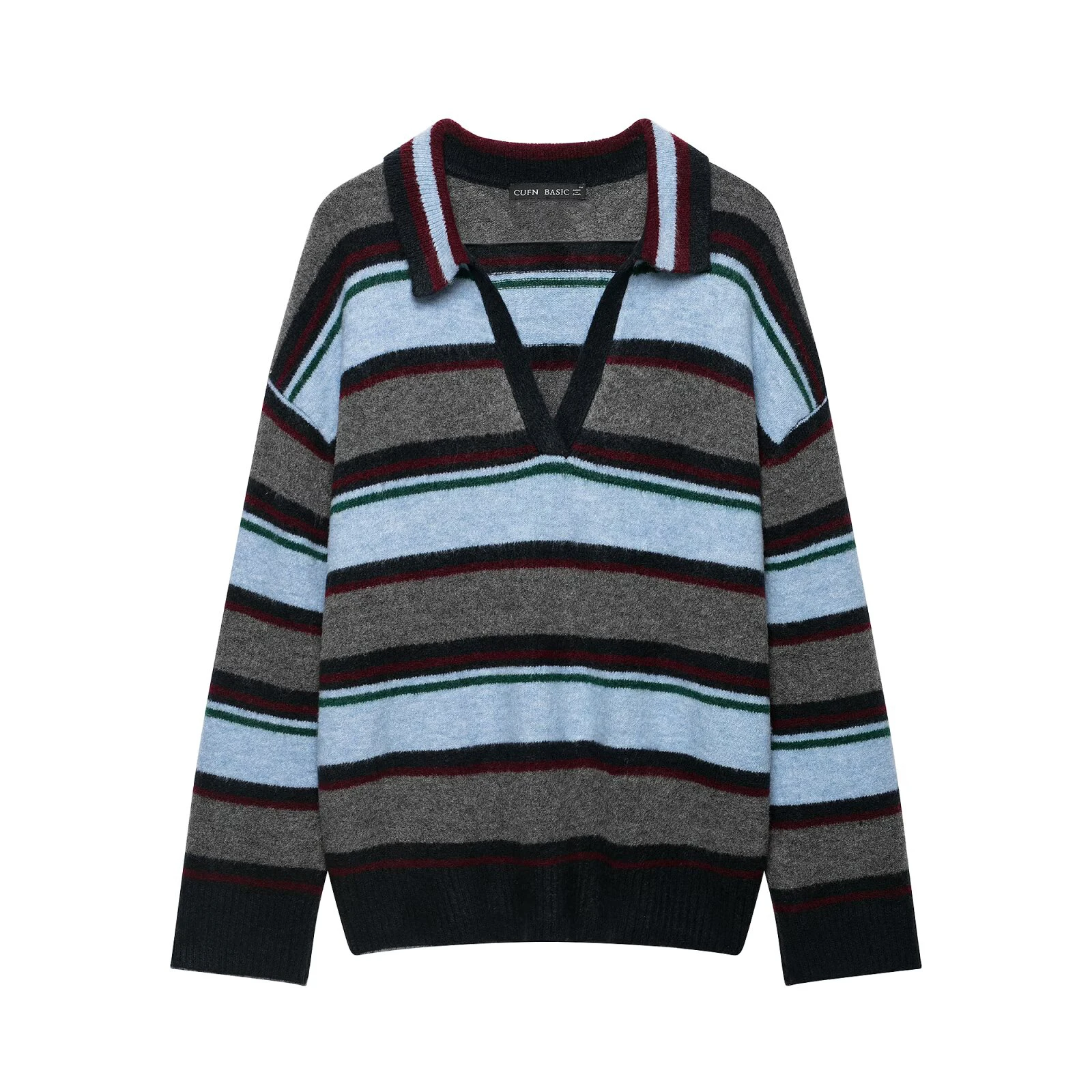 2026 Winter New Product Women's Fashion Simple Leisure Versatile Long Sleeve V-neck Contrast Striped Polo Shirt