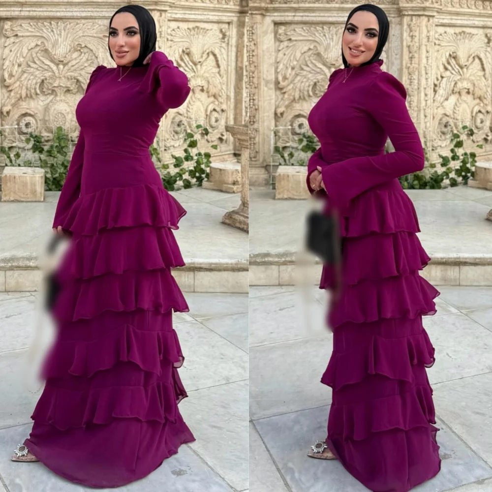 

Customized Fashion Pastrol Jersey Pleat A-line High Collar Long Dresses Bespoke Occasion Sizes Available