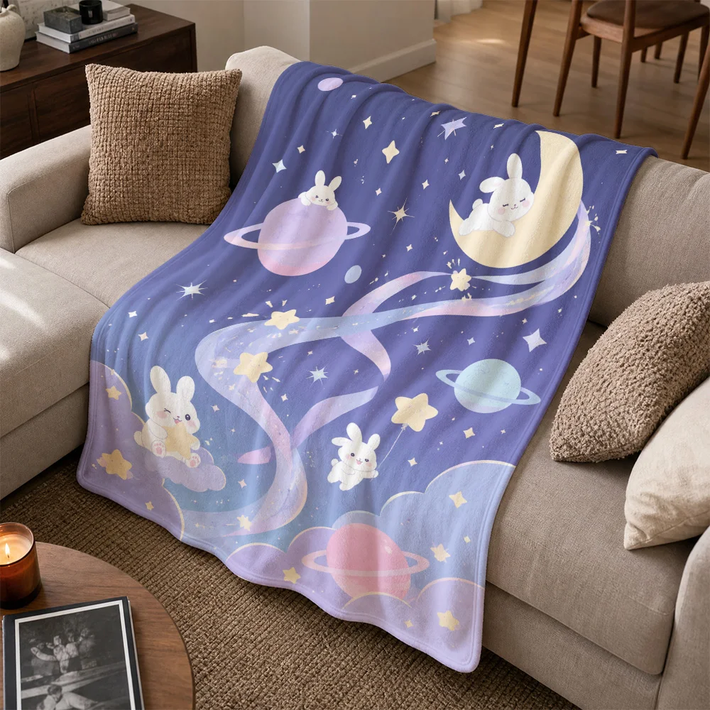 Cute Rabbit Galaxy Space Throw Blanket Plush Kids Nursery Decor Stars Moon Planets Celestial Cozy Lap Throw for Bed