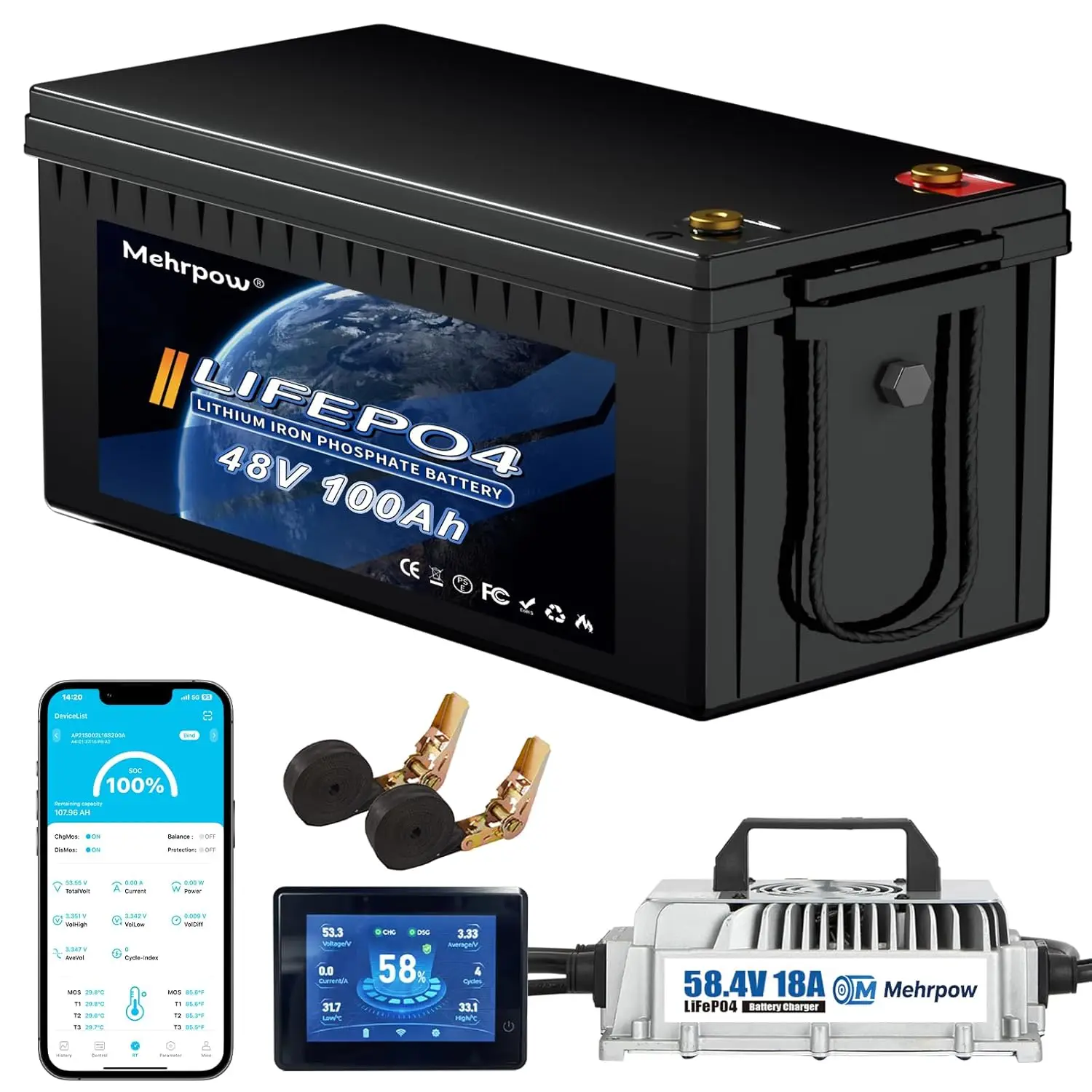 

48V 100Ah LiFePO4 Battery Kit 200A BMS 58.4V 18A Charger Touch Monitor APP 10000 Cycles Solar RV Off Grid Custom