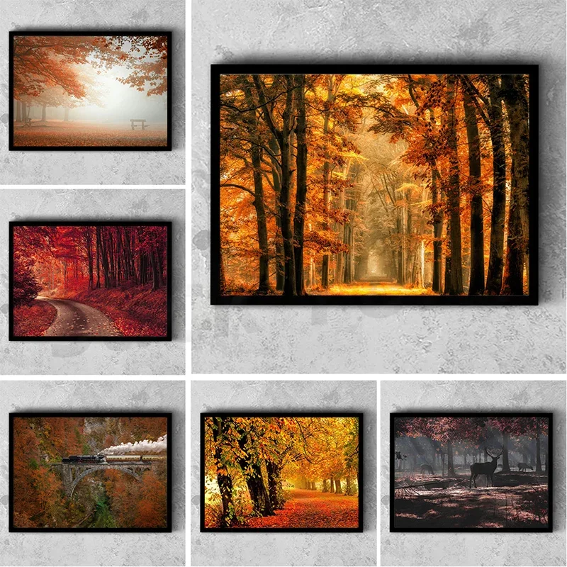 Autumn Scenery Maple Leaves Poster Canvas Painting Mountain and Waterfall Natural Landscape Wall Art Living Room Home Decorat