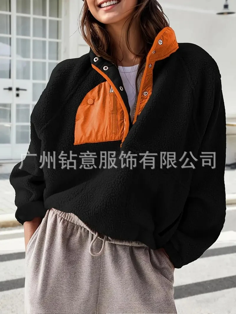 Fall Winter Loose Fashion Versatile Warm Top Women's Multi Pocket Fuzzy Pullover Color Block Half Open Collar Zipper Sweatshirt