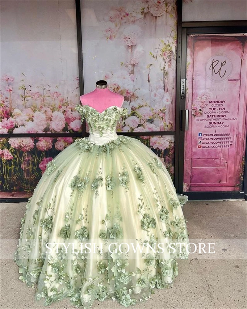 Light Green Off The Shoulder Ball Gown Quinceanera Dress For Girls Bead Birthday Party Gowns 3D Flowers Prom Dresses Customized