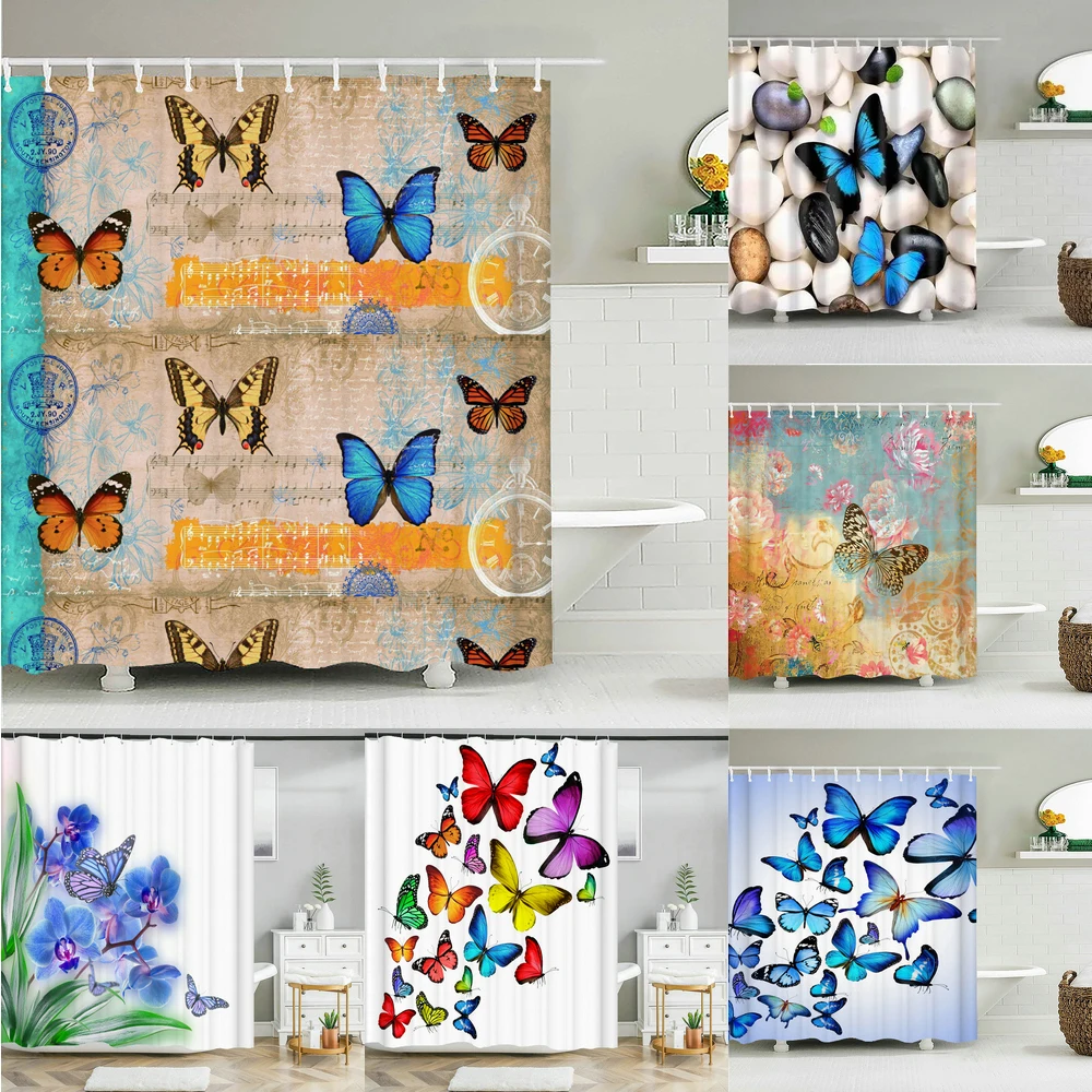 Beautiful Butterfly Waterproof Fabric Shower Curtains 3D Printing Bath Curtain for Bathroom Bathtub Decoration with Hooks