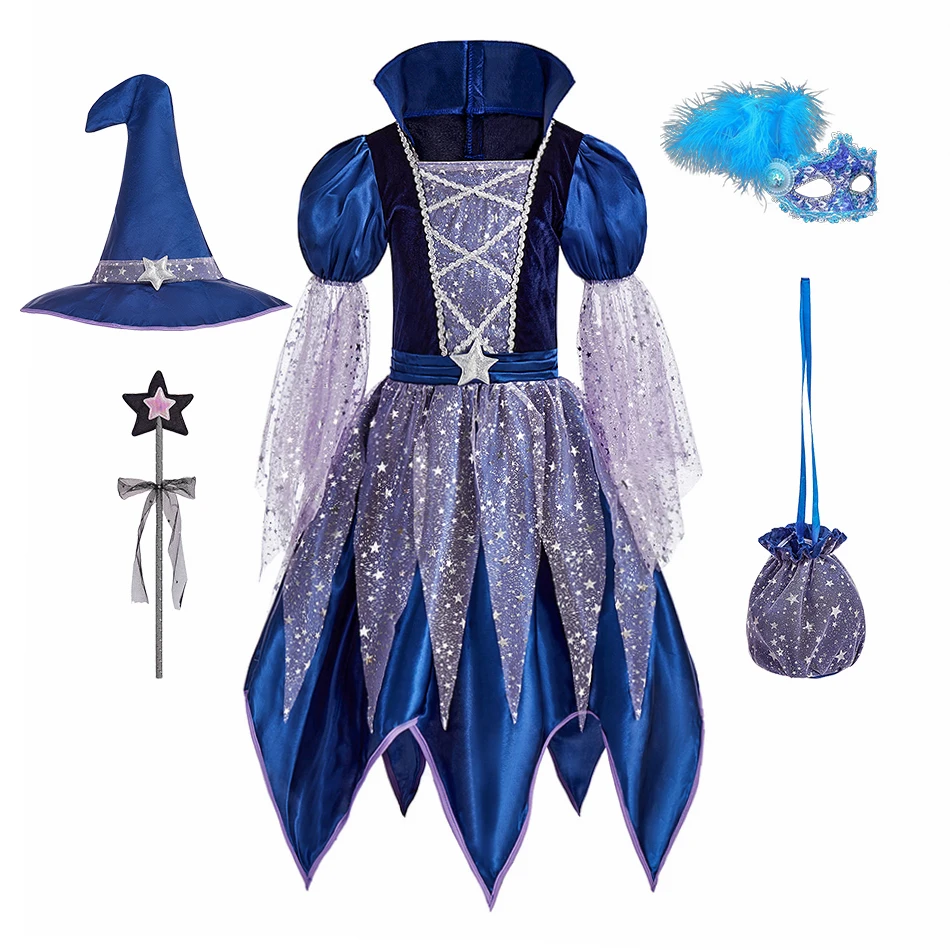 

Halloween Girls Witch Cosplay Costume Set Kids Masquerade Princess Dresses Wand Hat Candy Bag Mask Baby Performance Dress Outfit