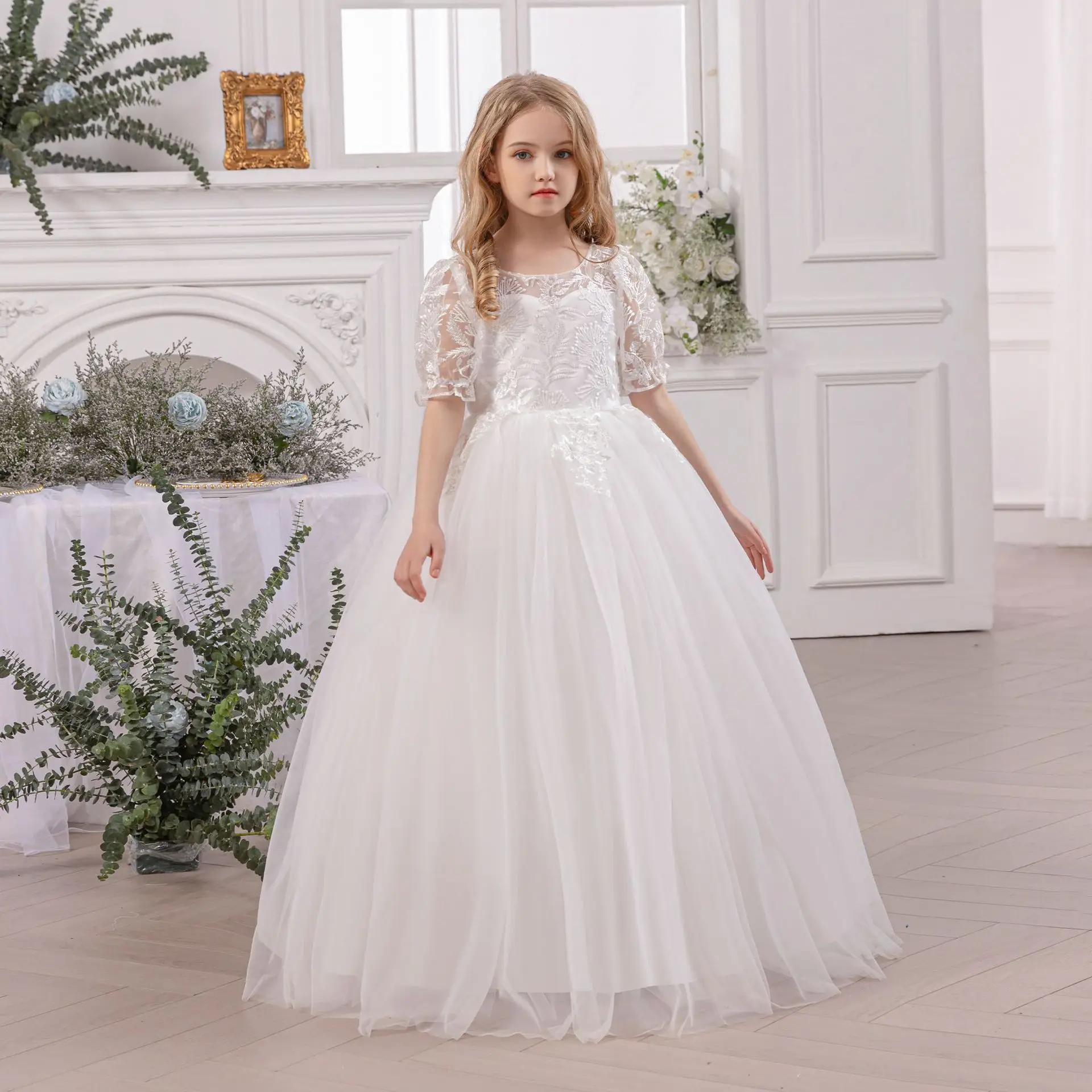 

Вечернее платье для девочек 8-12 лет, белые длинные вечерние платья, цветочная свадьба, одежда принцессы для дня рождения, банкета, ведущего выступления