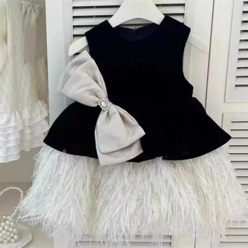 Girl Princess Bow Tassel Velvet Dress Sleeveless Infant Toddler Child Elegant Vestido Birthday Pageant Baby Clothes 1-7Y