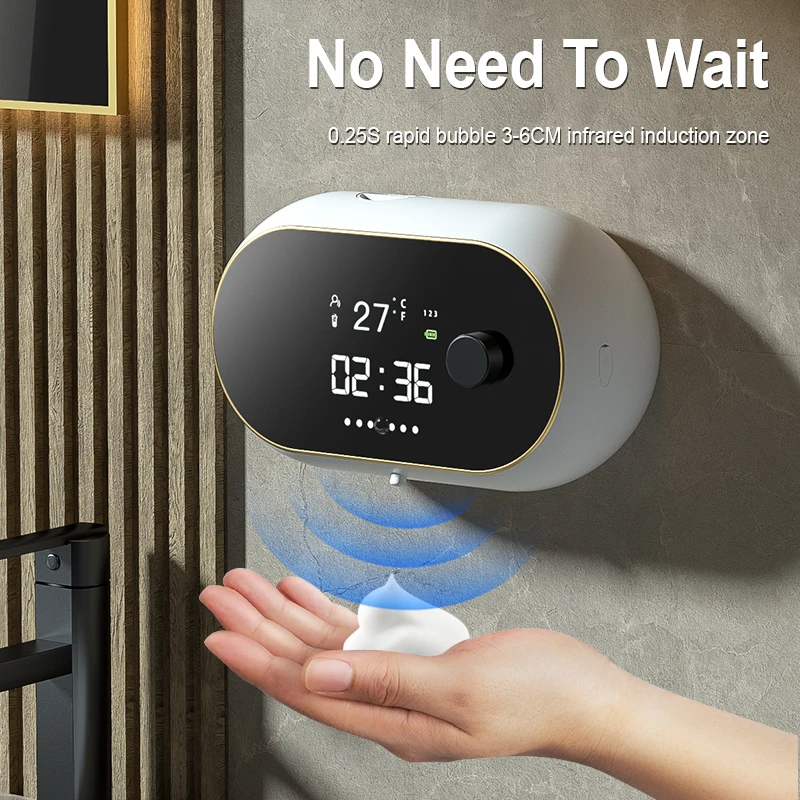 

Intelligent Wall Mounted Sensing Foam Soap Dispenser Time Temperature Display Contactless Waterproof Automatic Soap Dispenser