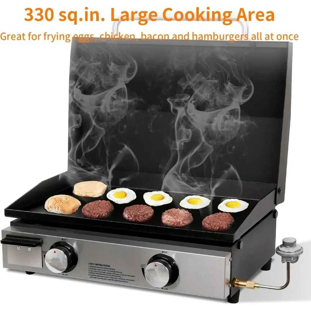 22 in Portable Tabletop Griddle with Hood, 24,000 BTU Heavy Duty Propane Gas Griddle Grill, Non-Stick Flat Top Caming Griddle