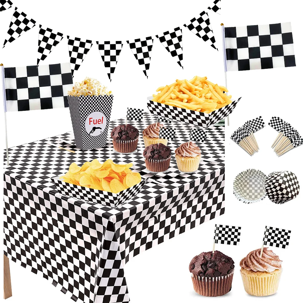 Triangolo a scacchi bandiera appesa tovaglia in bianco e nero auto da corsa vassoi per alimenti da corsa Cake Topper Car Flag Boys Birthday Decors