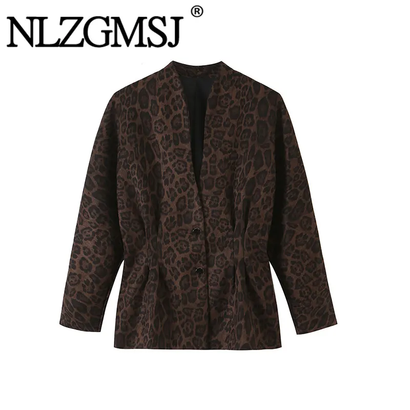 NLZGMSJ 2026 Autumn Women Trendy Vintage Leopard Blazer V-Neck Single Breasted Blazer New Fashion Commute Lady Blazer