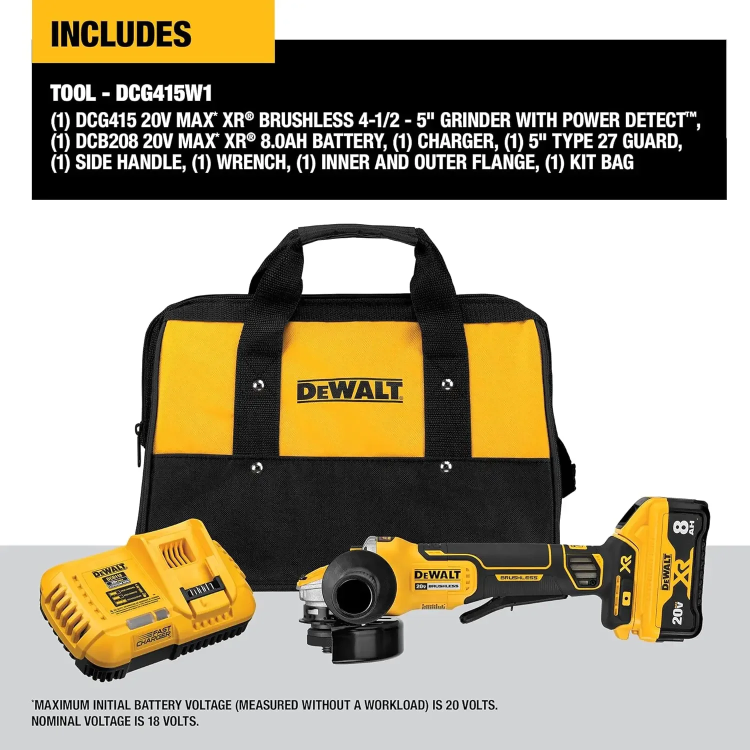 Smerigliatrice angolare DEWALT 20V MAX* XR, interruttore a grilletto, kit tecnologico per strumenti di rilevamento alimentazione, da 4-1/2 pollici a 5 pollici (DCG415W1)