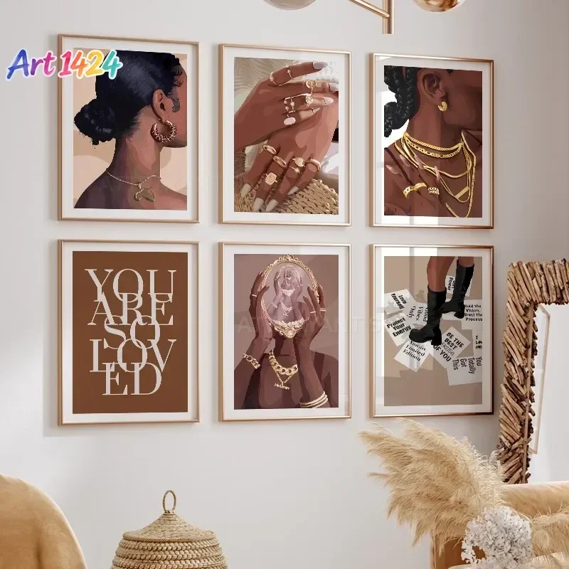 Fashion Black Girl Diamond Teeth Nail Jewelry Gold Pop Art Canvas Painting Poster And Prints Wall Pictures For Living Room De