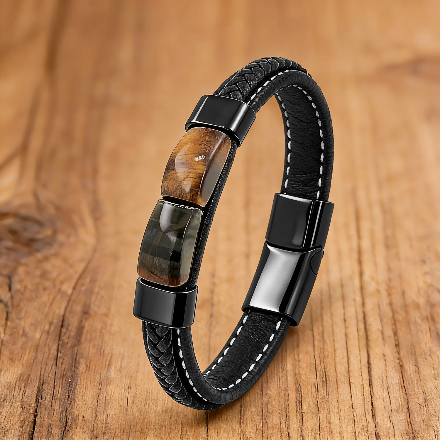 Natürliches Armband aus Tigeraugenstein und gewebtem Leder für Damen und Herren, schwarzes Metall, 2026, trendiger Modeschmuck, luxuriös – Detail 7