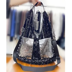 Women Fashion Vegan Leather Big Capacity Handbag 2026 Casual Oversized Rivet Paillette Shiny Work Laptop Black Hobo Slouchy Bag